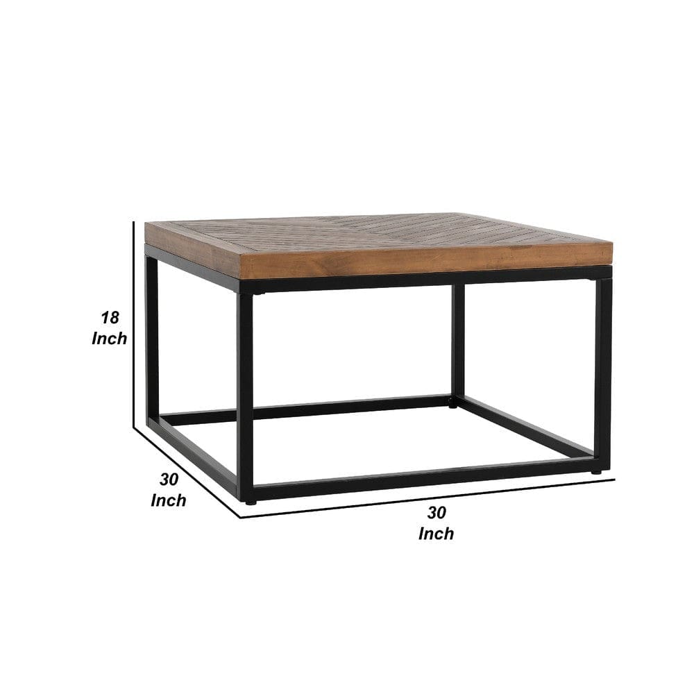 Nat 30 Inch Solid Wood Square Coffee Table Herringbone Brown Black By Casagear Home BM275596