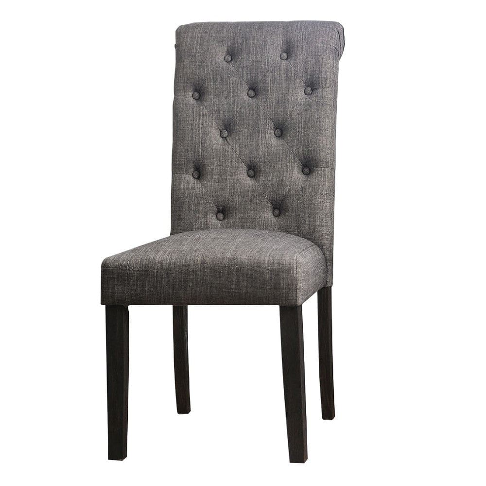 27 Inch Fabric Dining Chair Button Tufted Rolled Back Wood Gray By Casagear Home BM275623