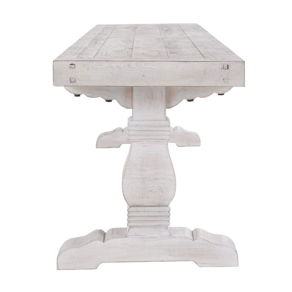 Kai 83 Inch Reclaimed Pine Dining Bench Turned Pedestals Antique White By Casagear Home BM275648