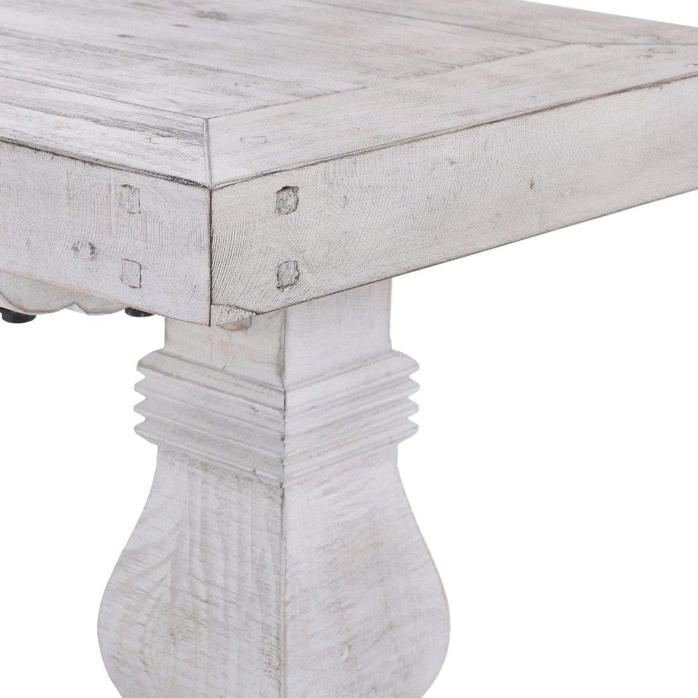 Kai 83 Inch Reclaimed Pine Dining Bench Turned Pedestals Antique White By Casagear Home BM275648