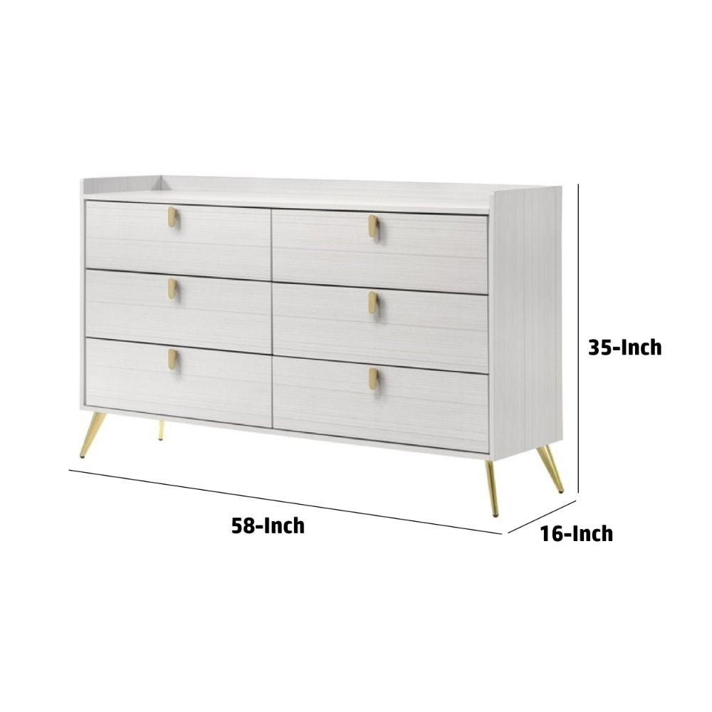 Cos 58 Inch Modern Wood Dresser with 6 Drawers Metal Handles White Gold By Casagear Home BM275715