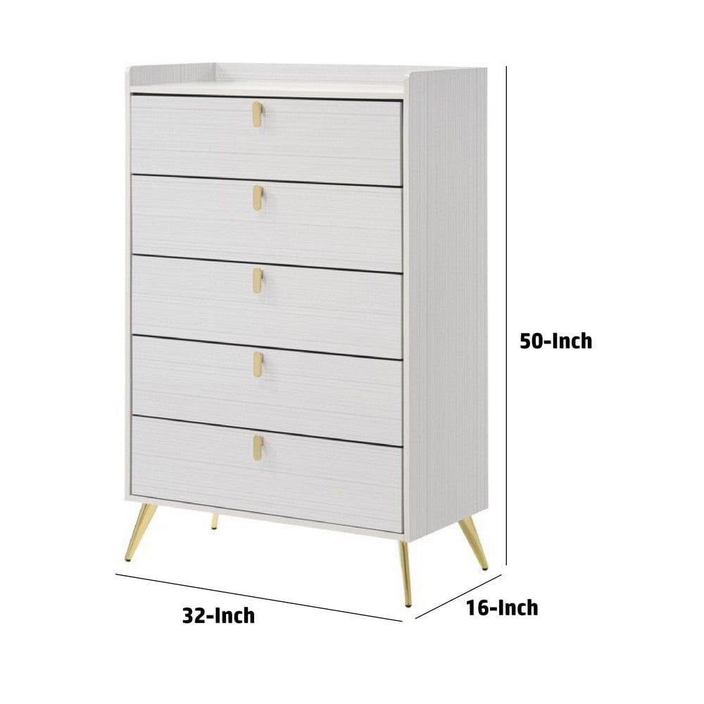 Cos 50 Inch Wood Tall Dresser Chest 5 Drawers Metal Handles White Gold By Casagear Home BM275716