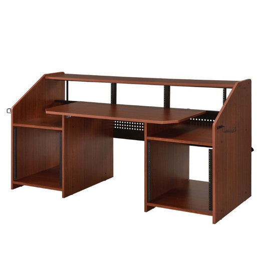 71 Inch Wood Music Desk Studio Workstation, 3 Shelves, Cherry Brown By Casagear Home