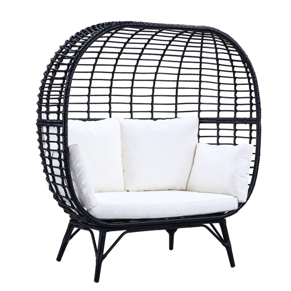 Loe 53 Inch Patio Lounge Chair, Oval Shape, Lattice Design, Black By Casagear Home