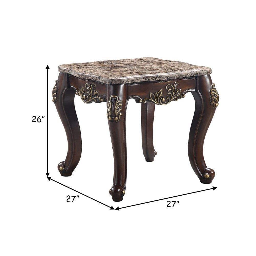 Kha 27 Inch Marble Top End Table with Cabriole Legs Gold Cherry Brown By Casagear Home BM276238