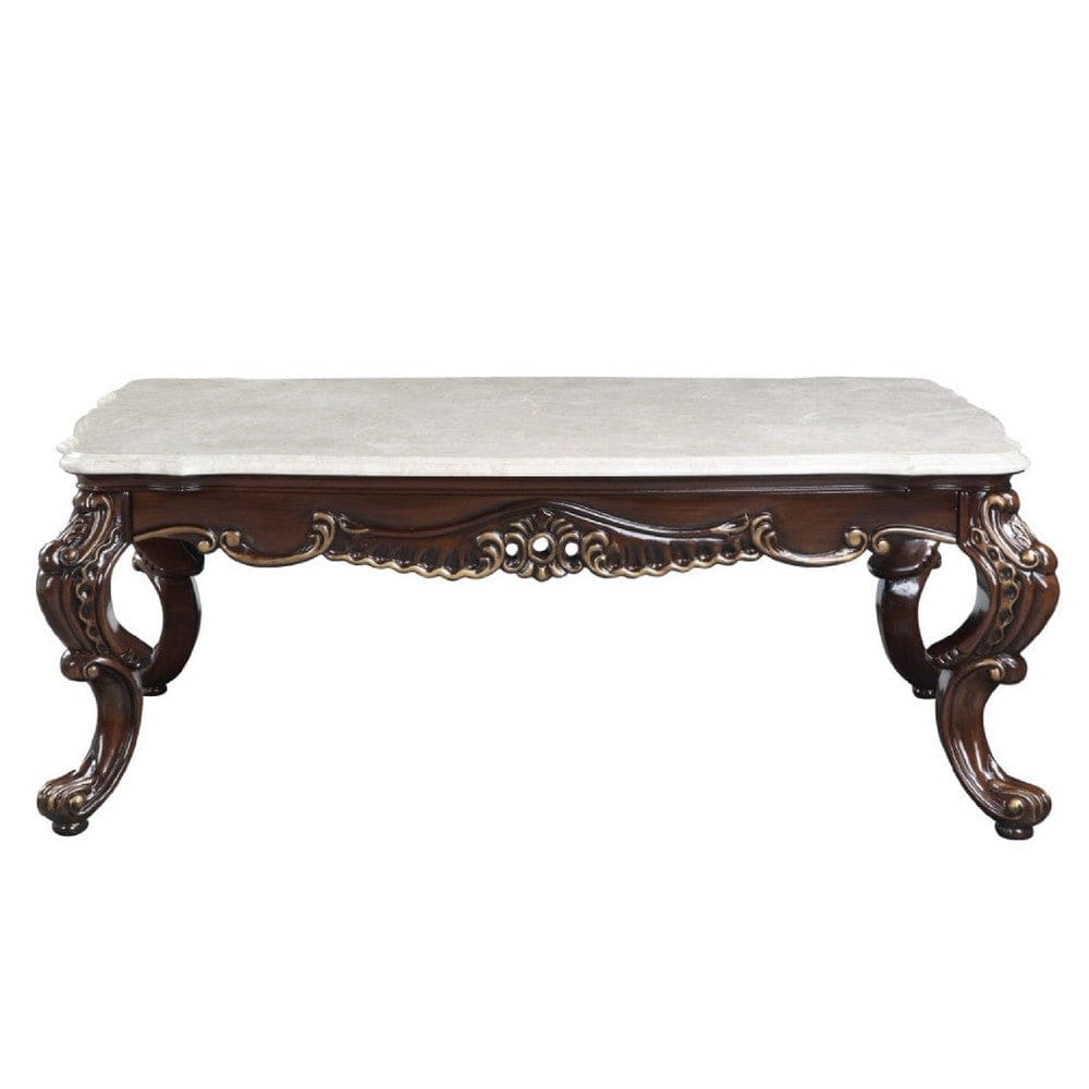 Ben 52 Inch Marble Coffee Table Scrolled Details Cabriole Legs Brown By Casagear Home BM276298