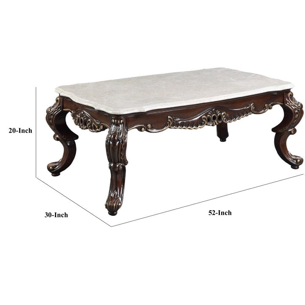 Ben 52 Inch Marble Coffee Table Scrolled Details Cabriole Legs Brown By Casagear Home BM276298