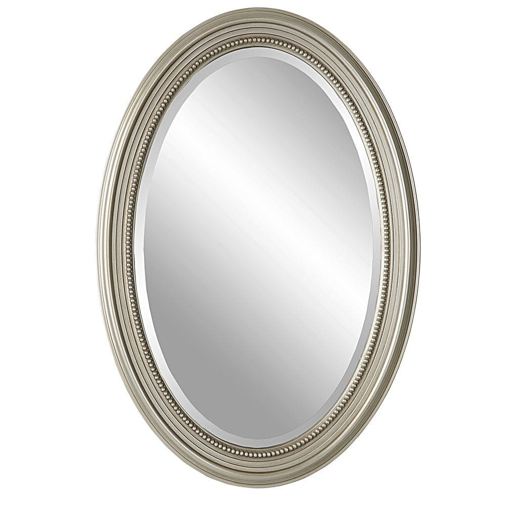 31 Inch Wall Mirror Beaded Oval Shape Metallic Silver By Casagear Home BM276686