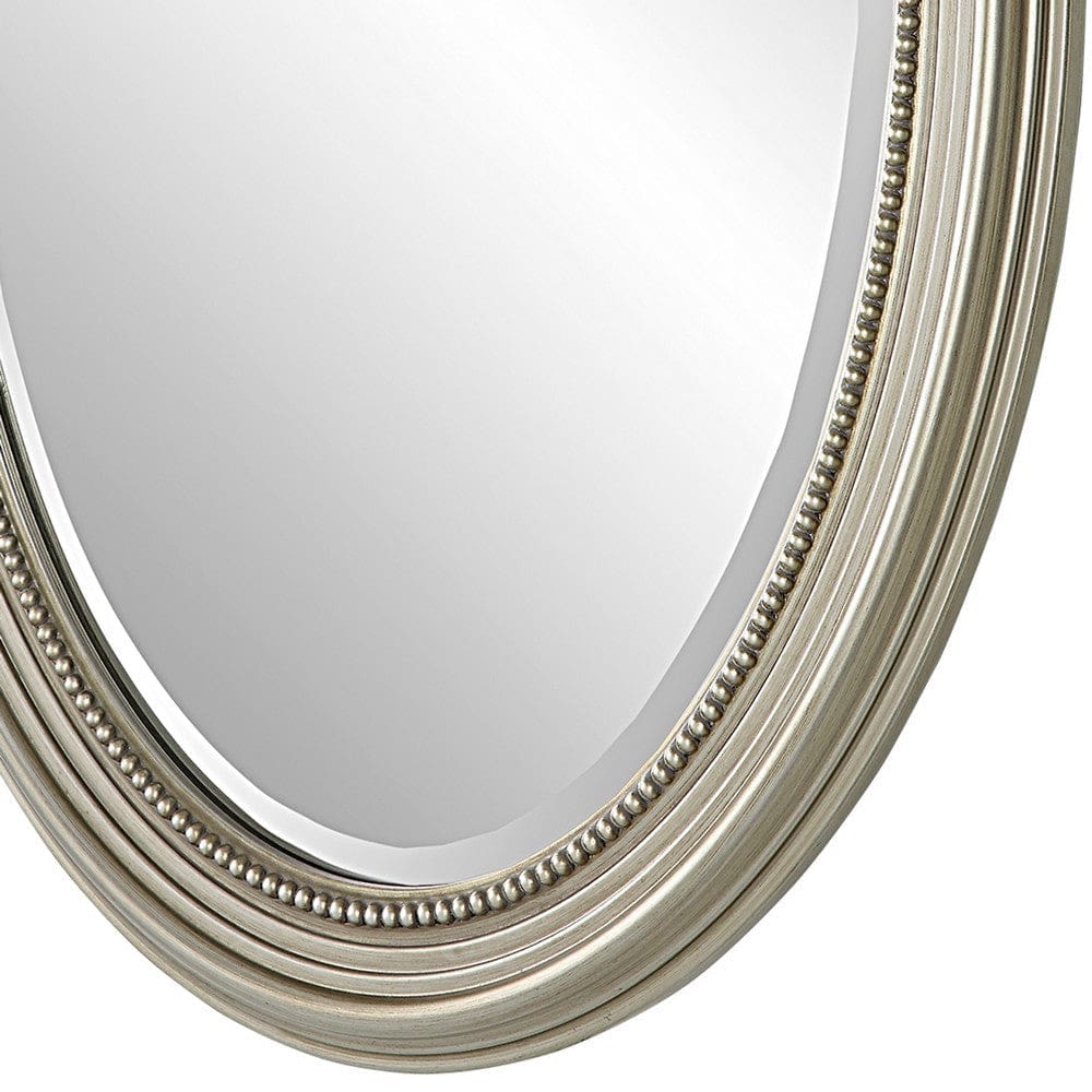 31 Inch Wall Mirror Beaded Oval Shape Metallic Silver By Casagear Home BM276686