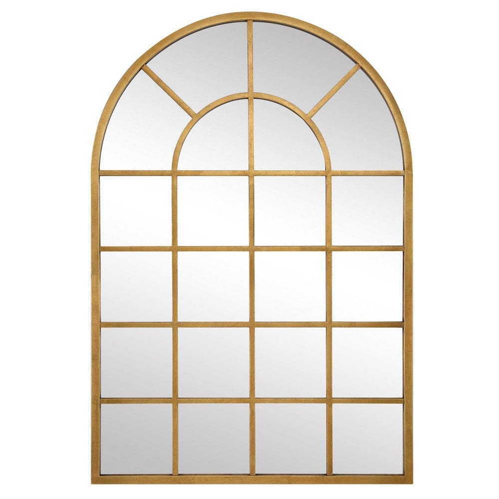 44 Inch Wood Wall Mirror, Arched Windowpane Shape, Antique Gold By Casagear Home