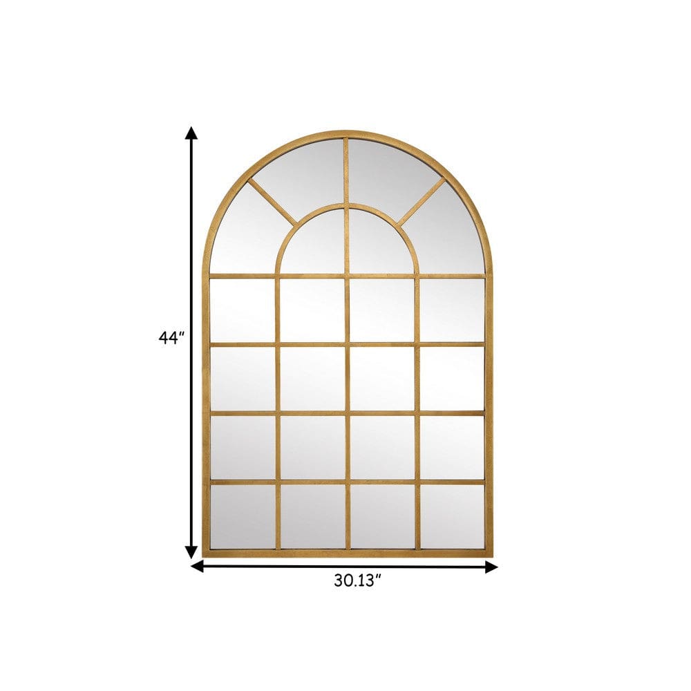 44 Inch Wood Wall Mirror Arched Windowpane Shape Antique Gold By Casagear Home BM276691