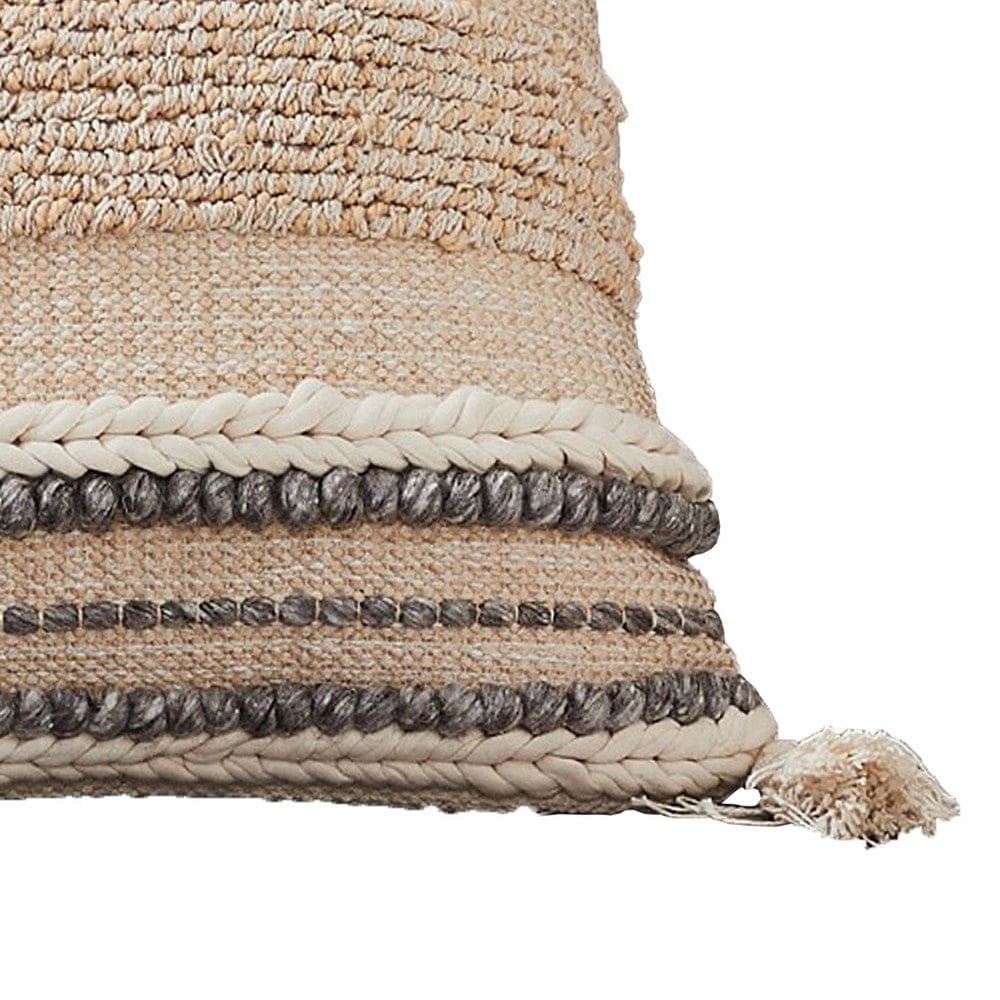 18 Inch Textured Decorative Throw Pillow Cover Tassels Beige Gray Fabric By Casagear Home BM276699