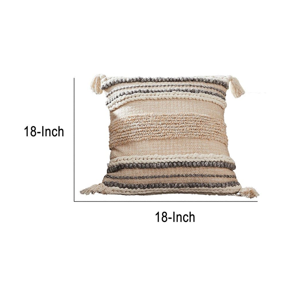 18 Inch Textured Decorative Throw Pillow Cover Tassels Beige Gray Fabric By Casagear Home BM276699