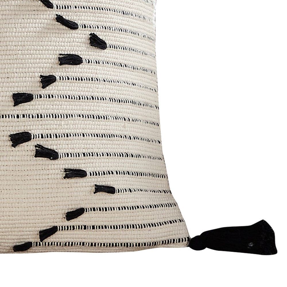 18 Inch Decorative Throw Pillow Cover Black Embroidery Tassels White By Casagear Home BM276705