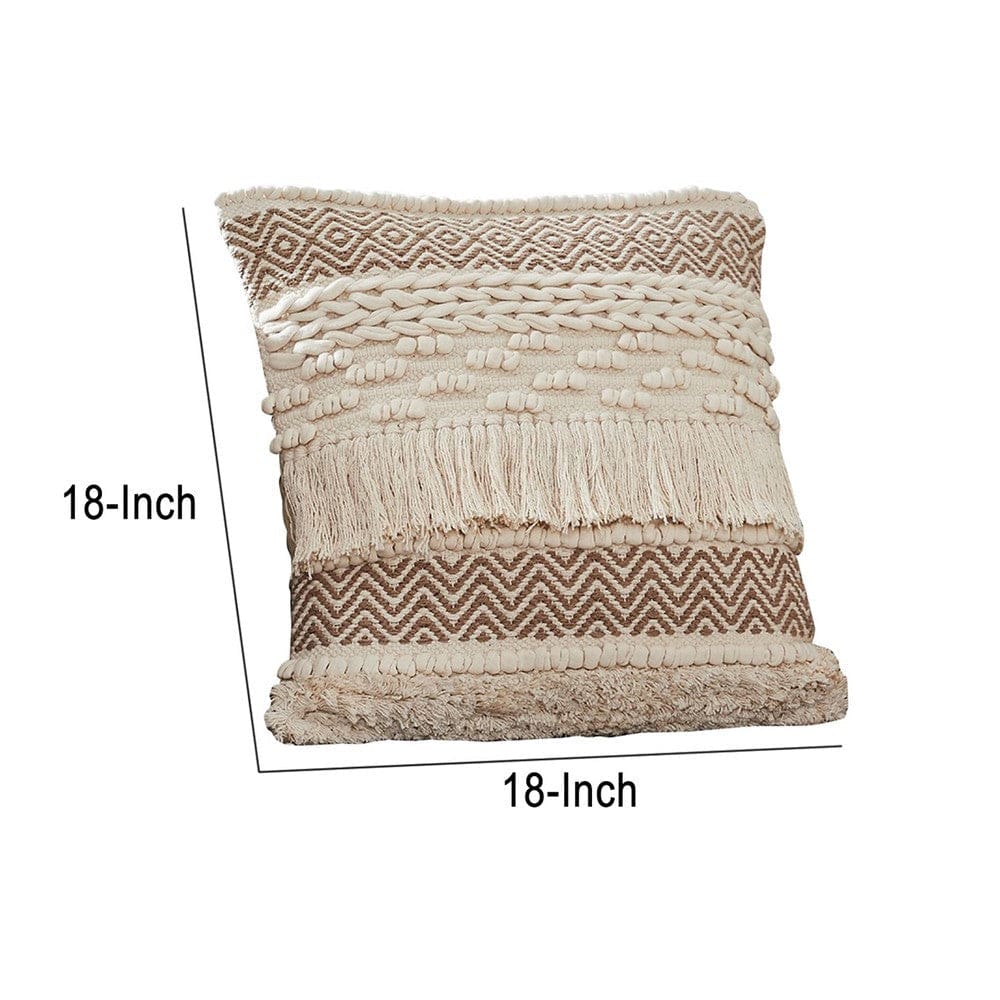 18 Inch Decorative Throw Pillow Cover Fringes Braids Beige Fabric By Casagear Home BM276706