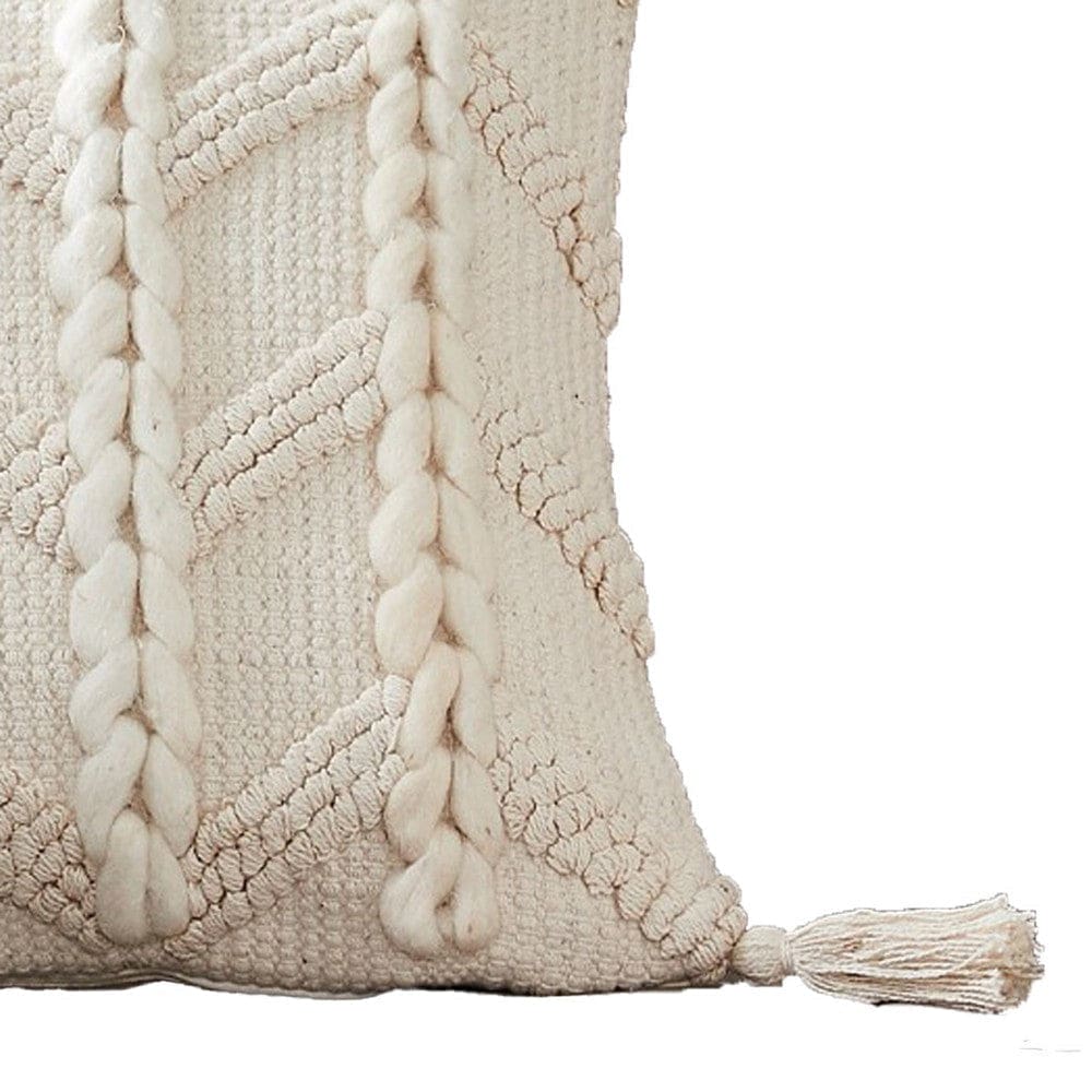 18 Inch Decorative Throw Pillow Cover Braided Design Tassels Cream By Casagear Home BM276708