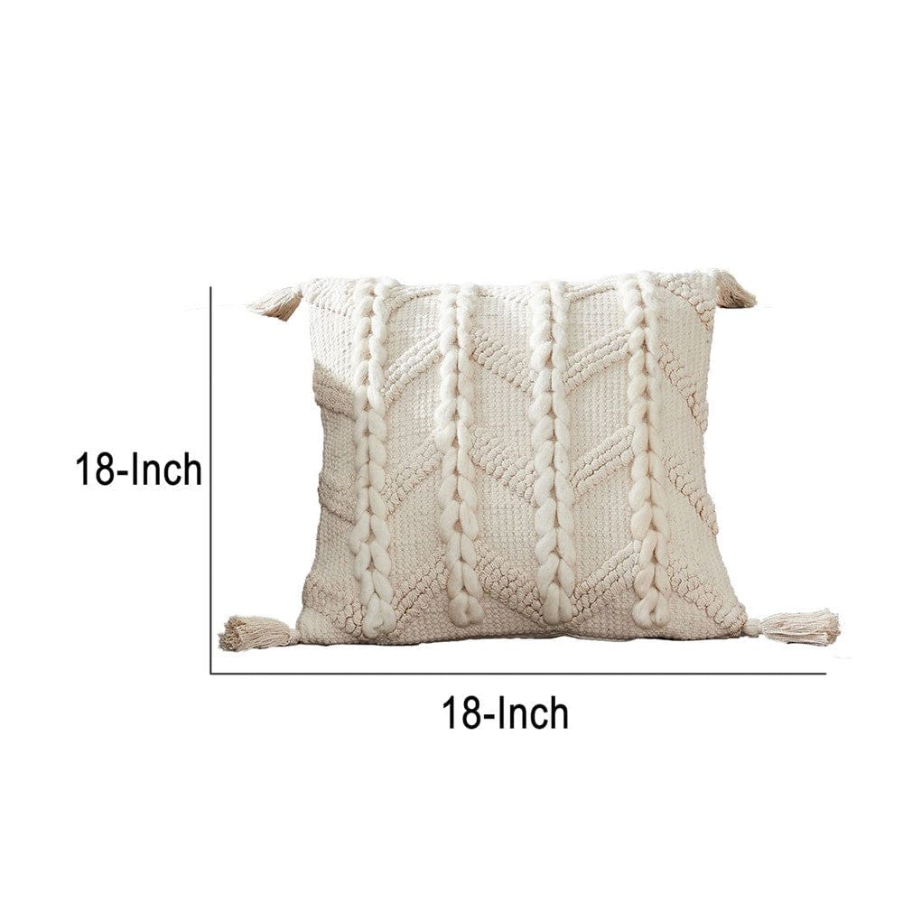 18 Inch Decorative Throw Pillow Cover Braided Design Tassels Cream By Casagear Home BM276708