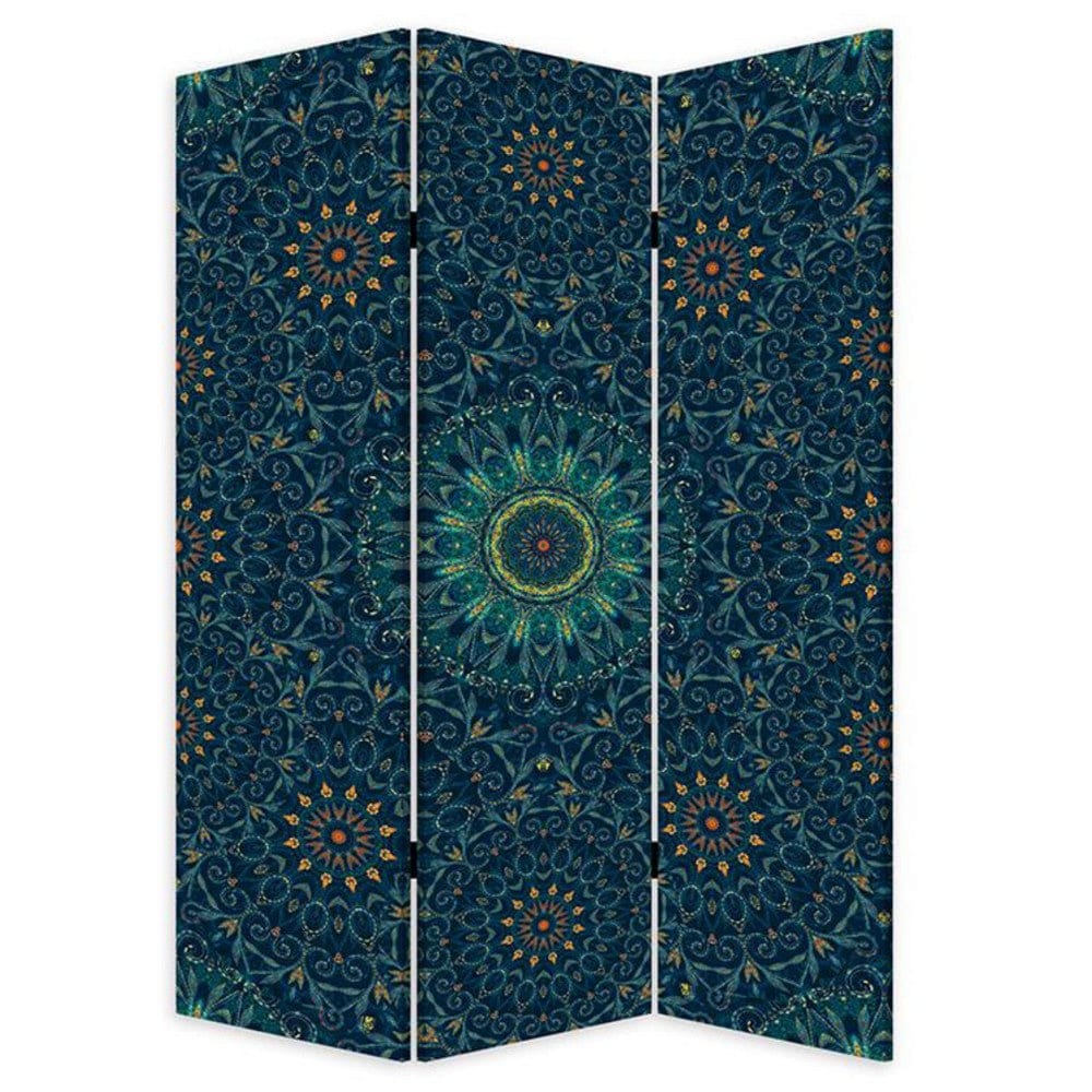 72 Inch 3 Panel Canvas Foldable Room Divider, Bohemian Design, Teal Blue By Casagear Home