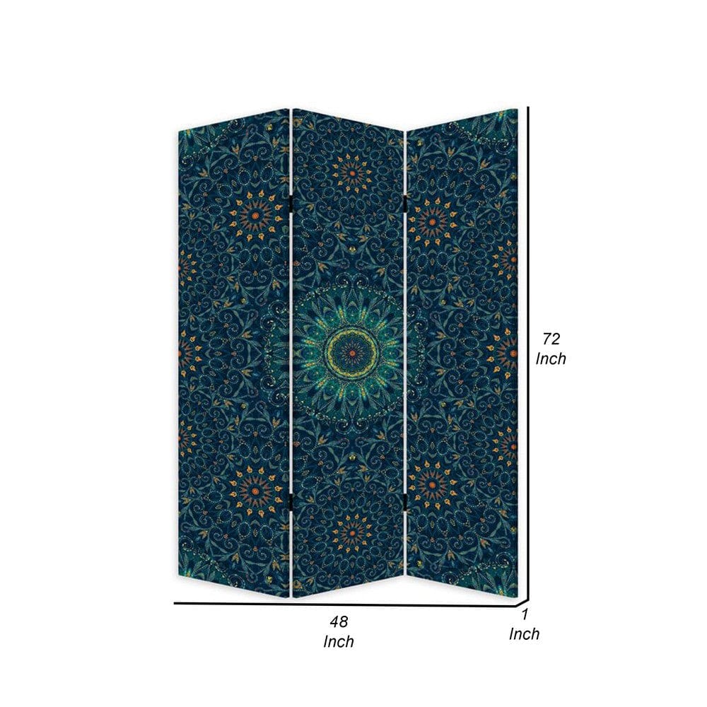 72 Inch 3 Panel Canvas Foldable Room Divider Bohemian Design Teal Blue By Casagear Home BM276722