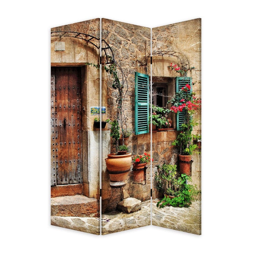 72 Inch 3 Panel Canvas Room Divider, Streets, Flowers, Plants, Multicolor By Casagear Home