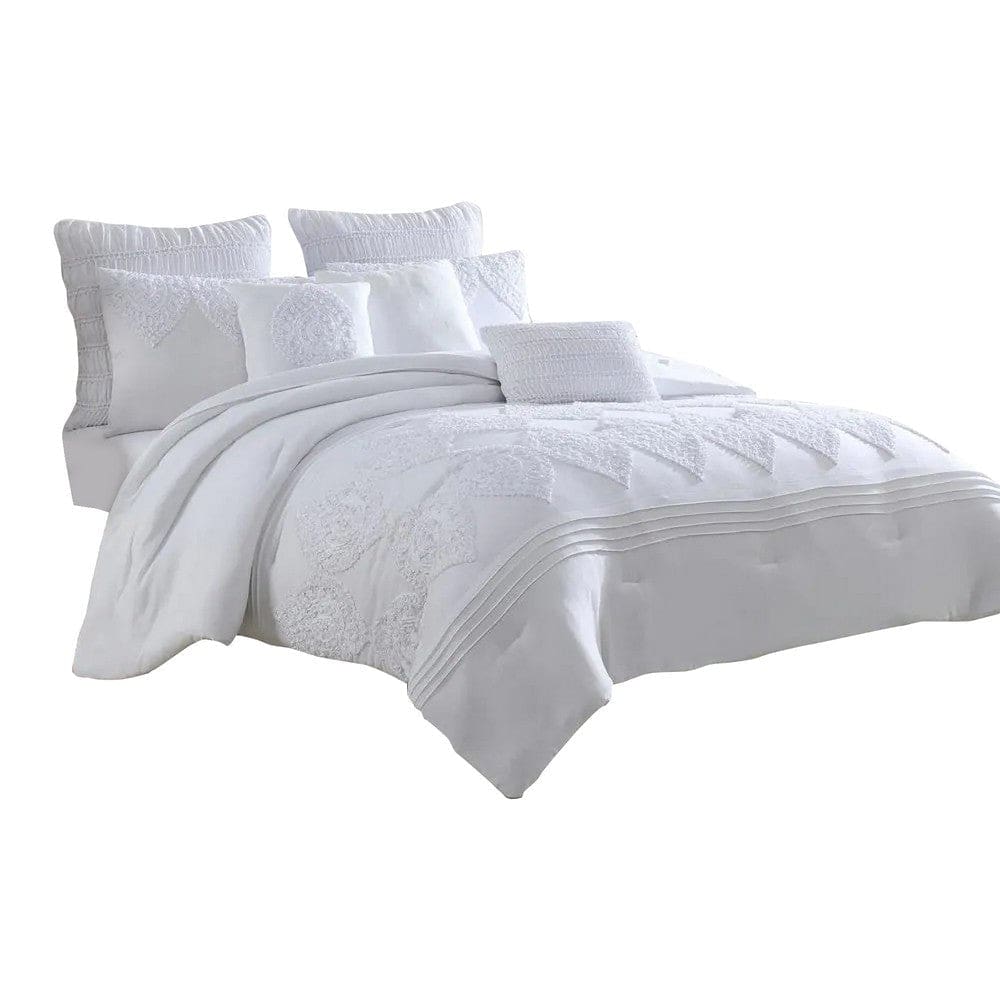 Tyler 8 Piece Queen Comforter Set, Ogee Design, White By Casagear Home