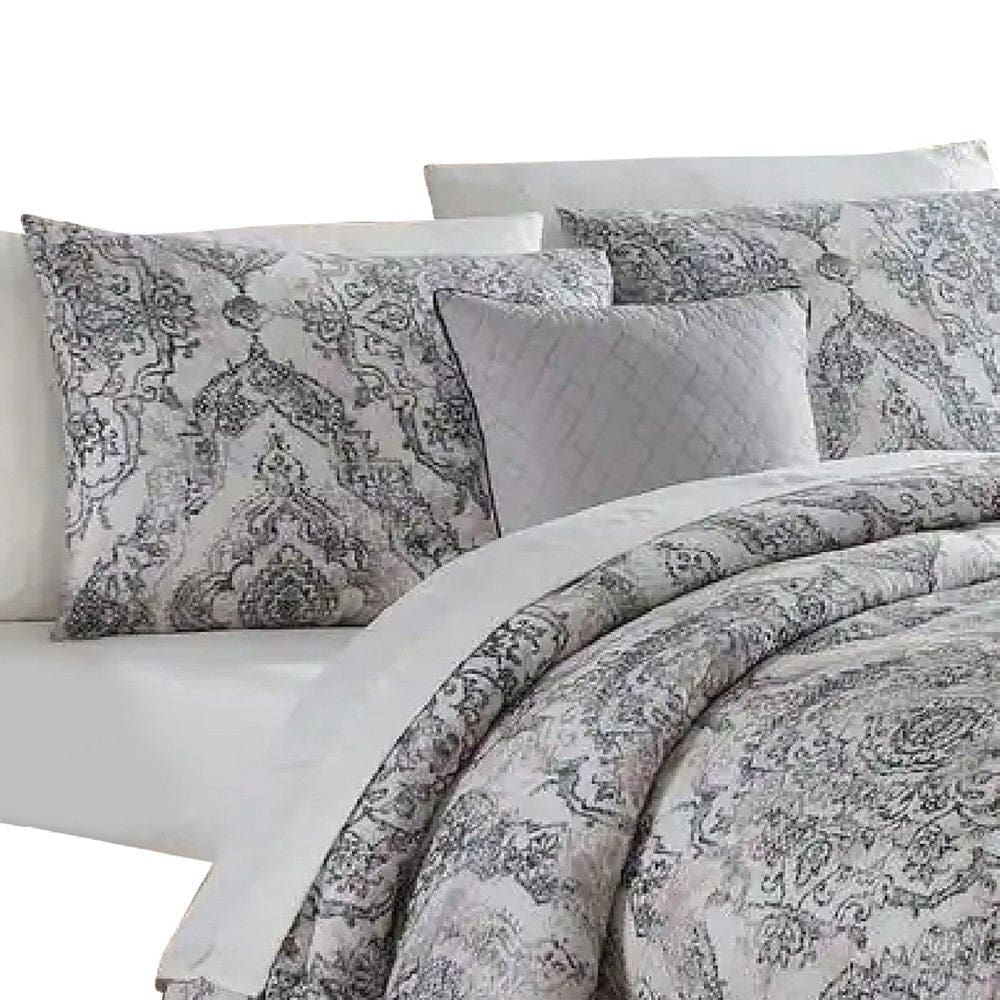 Lance 8 Piece Queen Bed Set Damask Print The Urban Port White Gray By Casagear Home BM277011