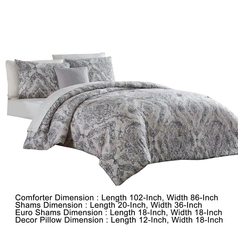 Lance 8 Piece King Bed Set Damask Print The Urban Port White Gray By Casagear Home BM277012