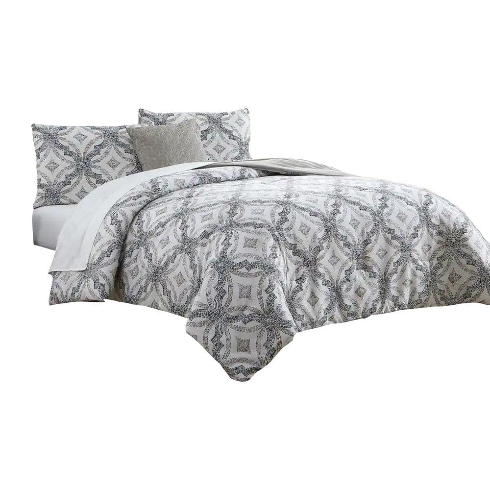 Owen 8 Piece King Bed Set, Quatrefoil Print, White, Gray By Casagear Home