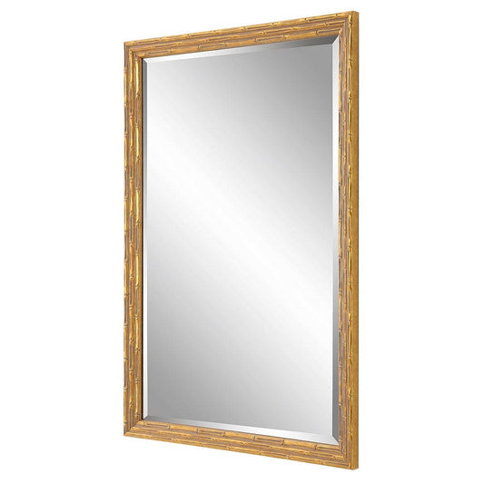 34 Inch Wood Rectangular Wall Mirror, Bamboo Design, Gold, Gray By Casagear Home