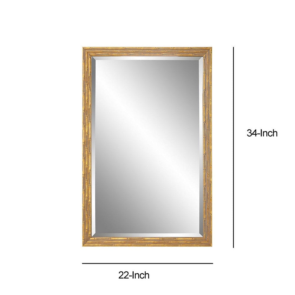 34 Inch Wood Rectangular Wall Mirror Bamboo Design Gold Gray By Casagear Home BM277019