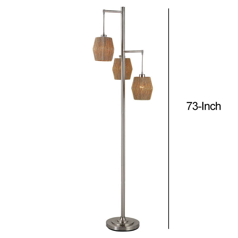 73 Inch Metal Floor Lamp Three Drum Shaped Rope Shades Silver Brown By Casagear Home BM277029