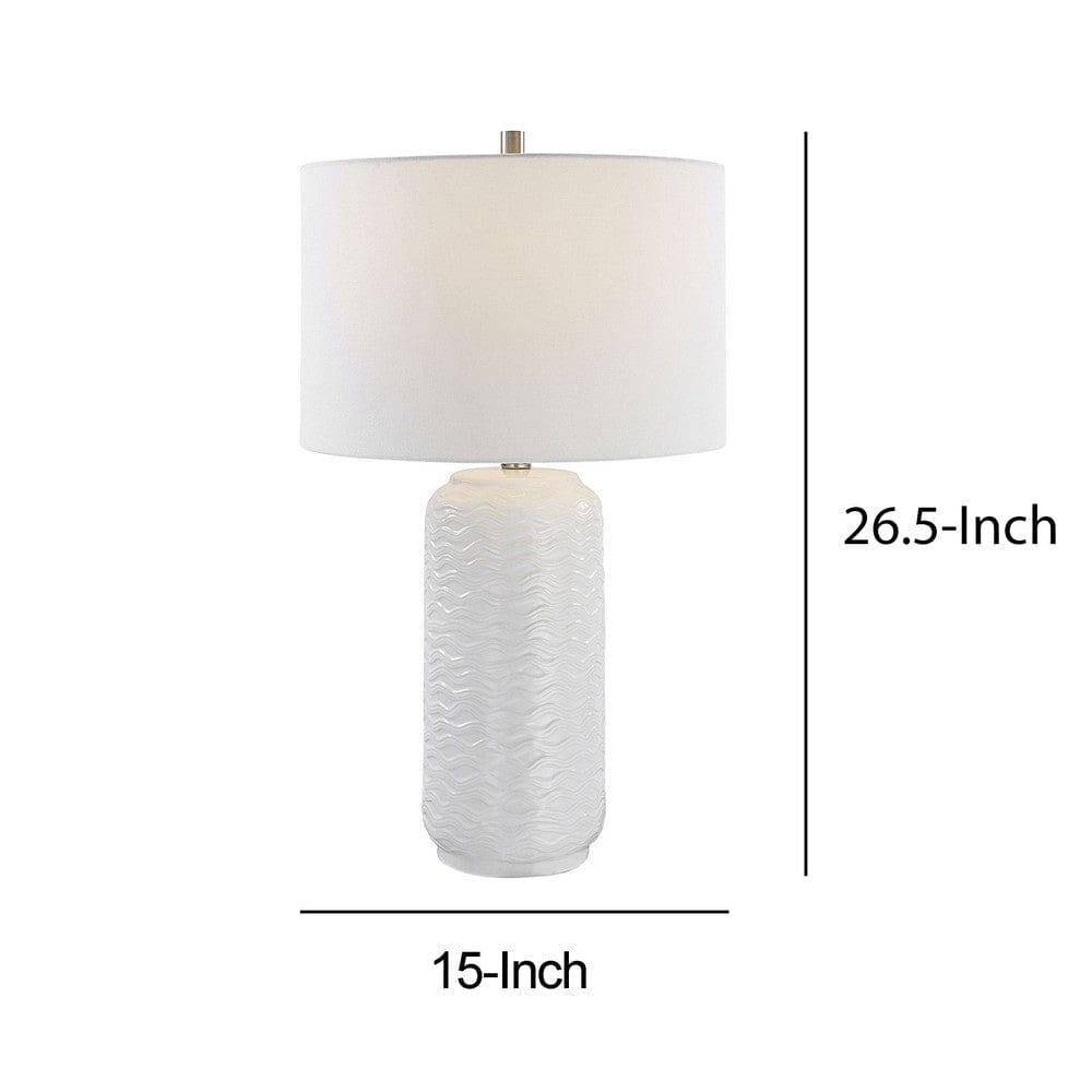 27 Inch Ceramic Table Lamp Wavy Texture Silver White By Casagear Home BM277032