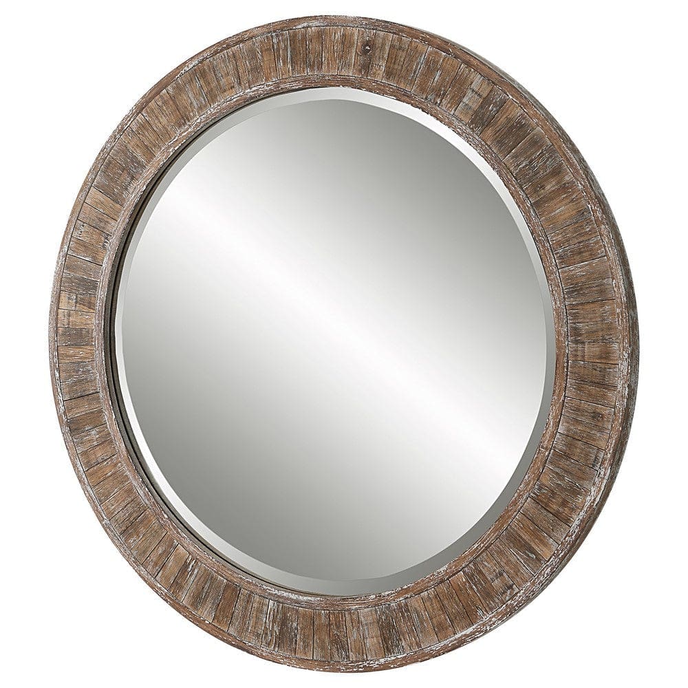 34 Inch Wood Round Wall Mirror Weathered Finish Brown By Casagear Home BM277042