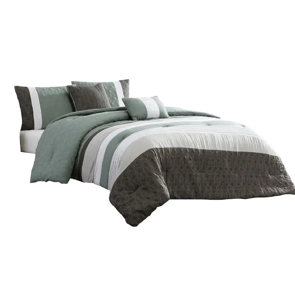 Owen 5 Piece Queen Comforter Set, Striped White Green, Gray By Casagear Home