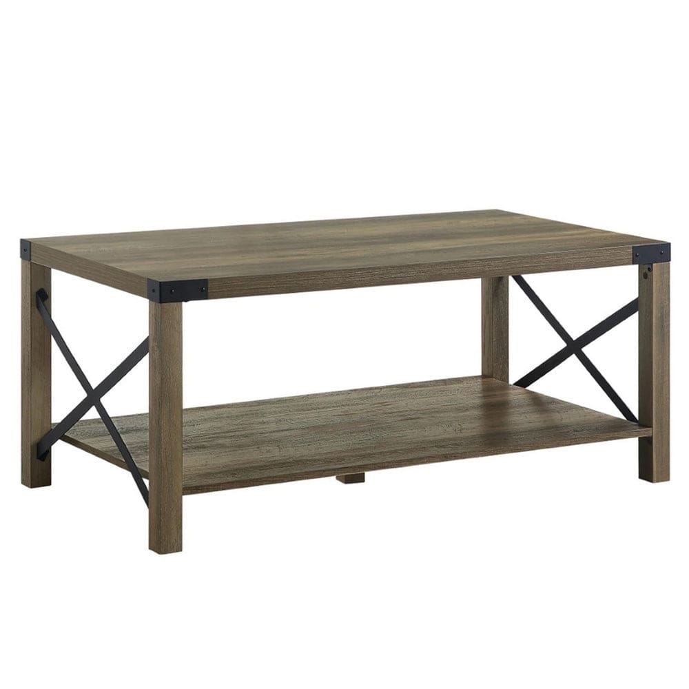 Eli 47 Inch Wood Coffee Table, Metal Brackets, Cross Bars, Rustic Oak Brown By Casagear Home