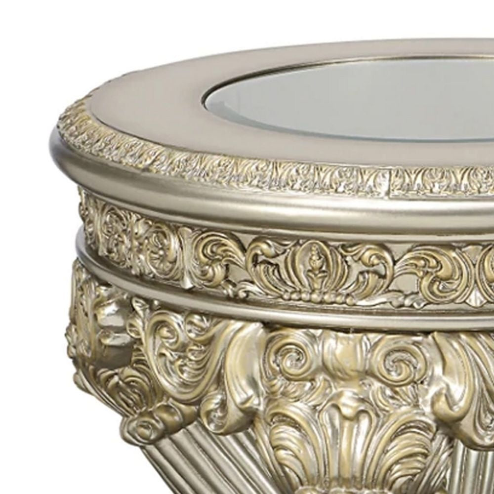 Abel 33 Inch Round End Table Opulent Floral Carved Base Champagne By Casagear Home BM278987