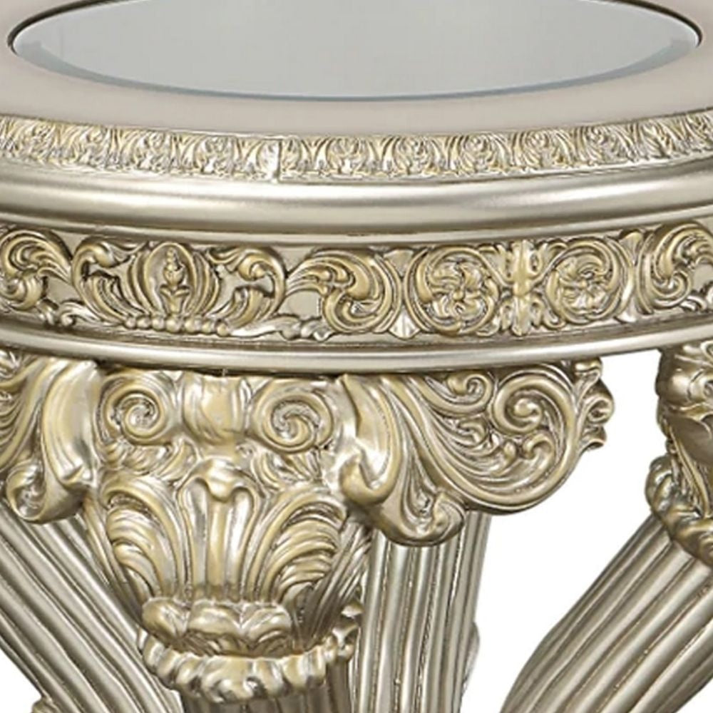 Abel 33 Inch Round End Table Opulent Floral Carved Base Champagne By Casagear Home BM278987