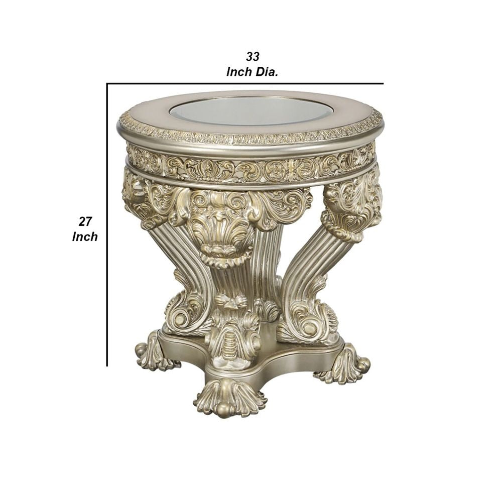 Abel 33 Inch Round End Table Opulent Floral Carved Base Champagne By Casagear Home BM278987