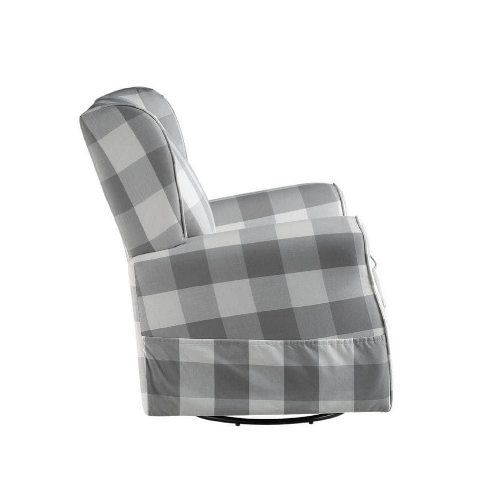 35 Inch Accent Swivel Chair Glider Checkered Fabric Light Gray By Casagear Home BM279086