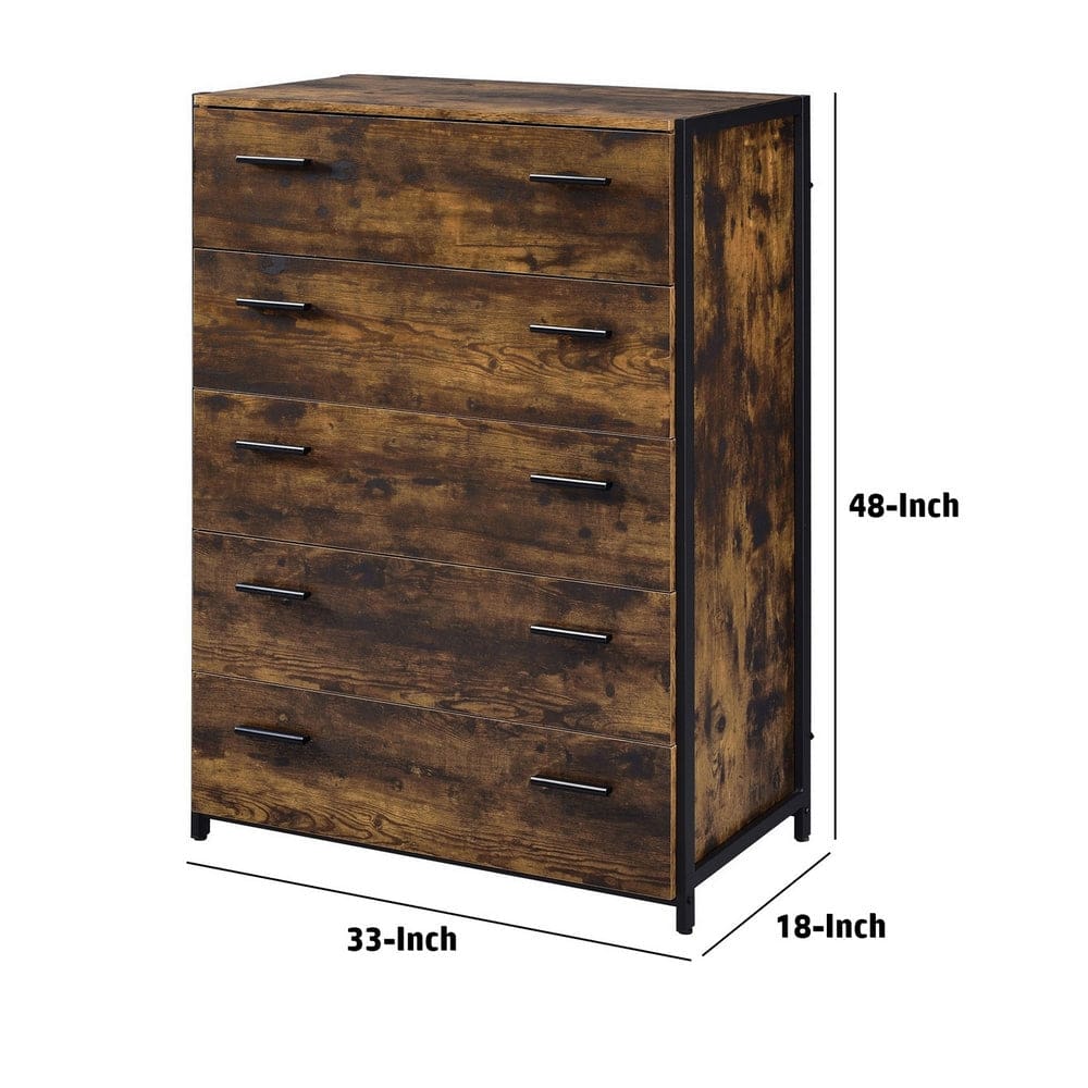 Nat 48 Inch Rustic Wood Chest 5 Drawers Brown and Black By Casagear Home BM279153