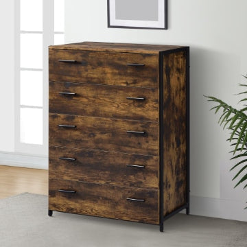 Nat 48 Inch Rustic Wood Chest, 5 Drawers, Brown and Black By Casagear Home