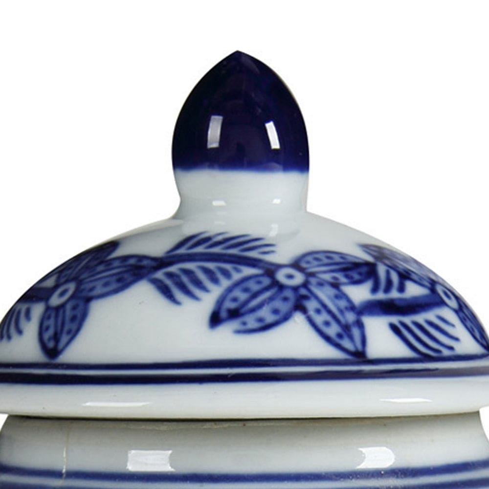 6 Inch Porcelain Jar Urn Shape Lid Floral Design Blue White By Casagear Home BM279526