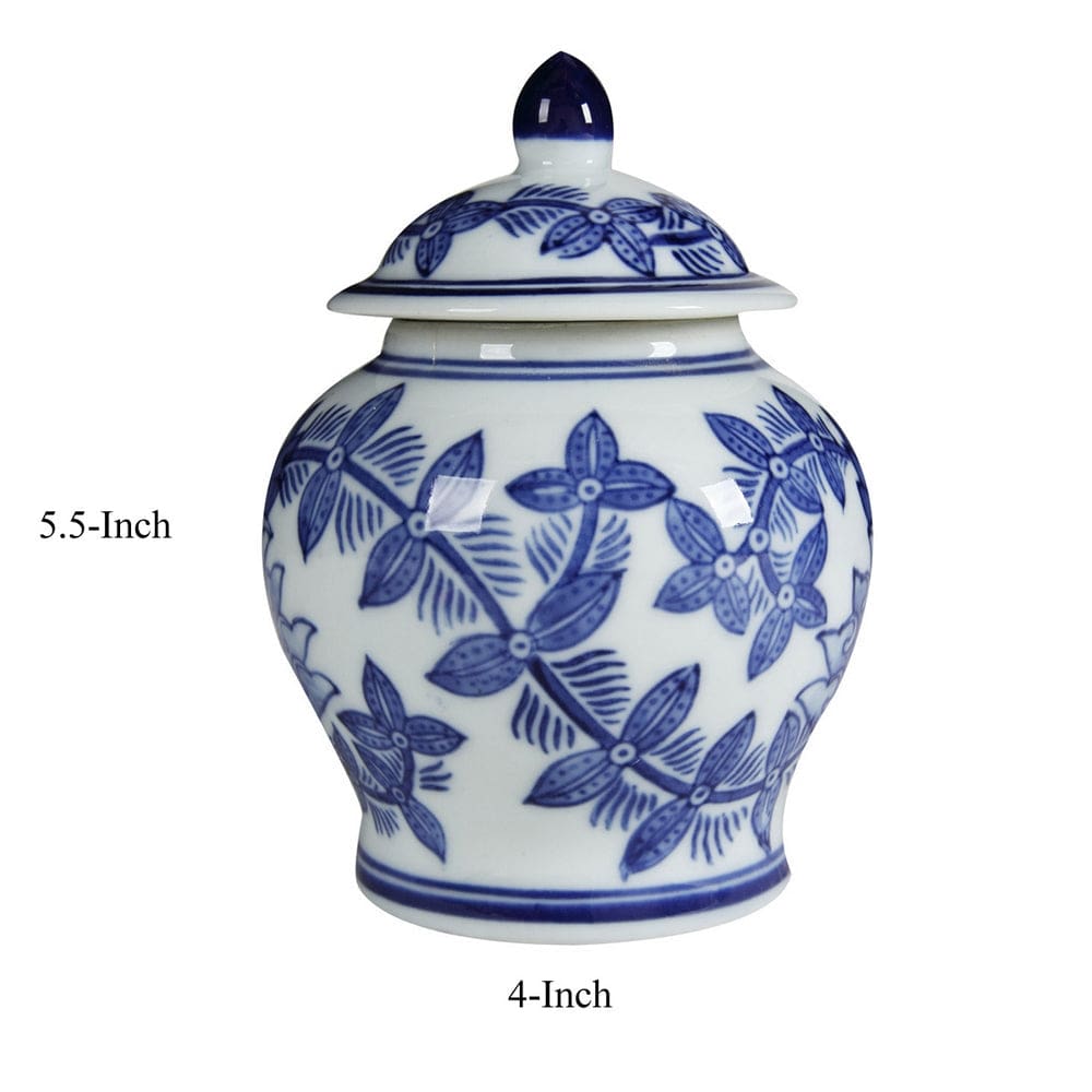 6 Inch Porcelain Jar Urn Shape Lid Floral Design Blue White By Casagear Home BM279526