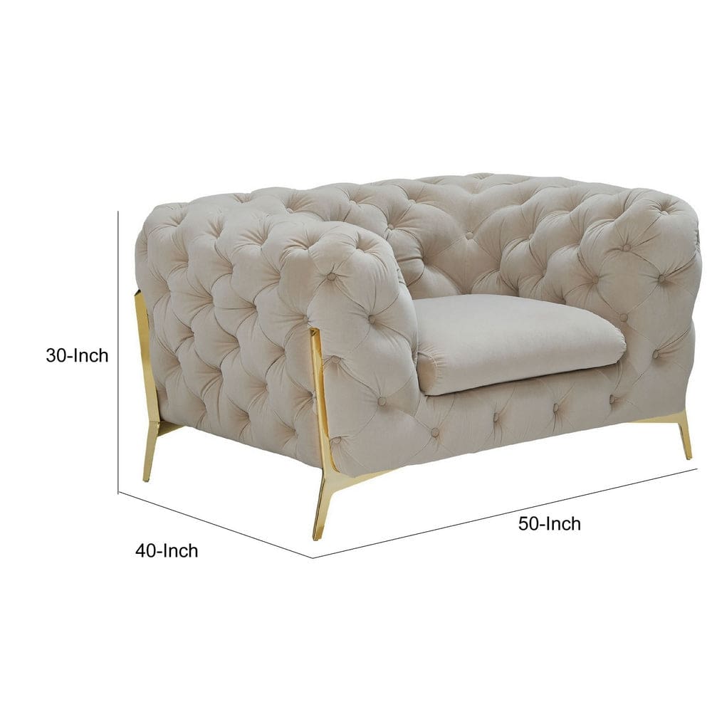 Reno Joni 50 Inch Modern Accent Chair Chesterfield Velour Beige Gold By Casagear Home BM279667