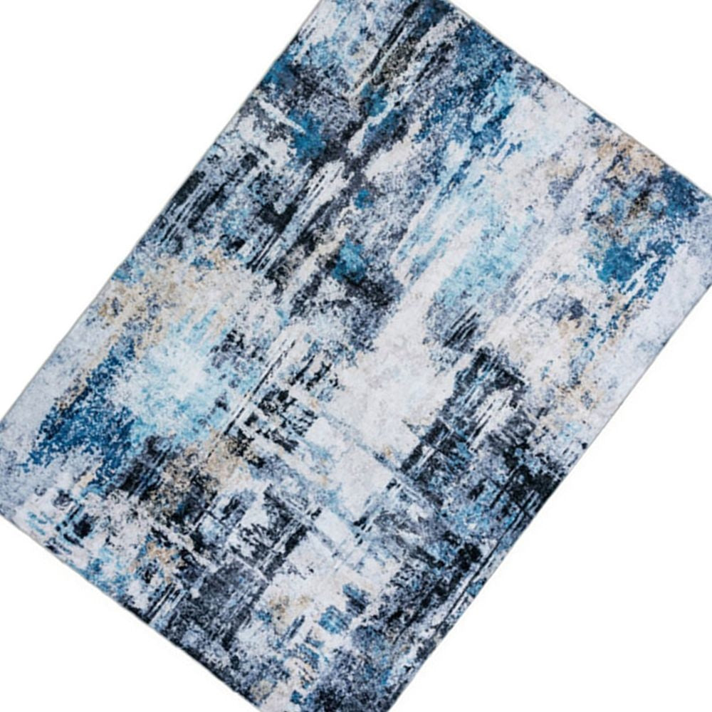 Rue 10 x 8 Large Soft Fabric Floor Area Rug Washable Abstract Blue and White Design By Casagear Home BM279709