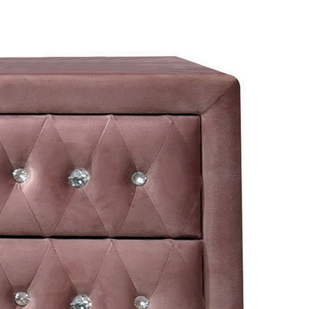 Rex 17 Inch Modern Upholstered Nightstand 2 Drawer Crystal Handles Pink By Casagear Home BM279727