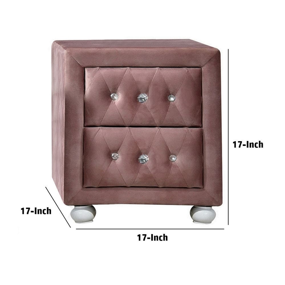 Rex 17 Inch Modern Upholstered Nightstand 2 Drawer Crystal Handles Pink By Casagear Home BM279727