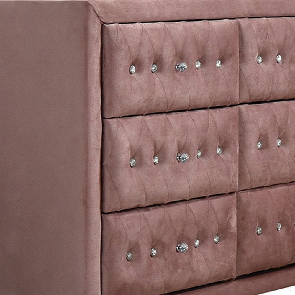 Rex 40 Inch Modern Upholstered Dresser 6 Drawers Crystal Handles Pink By Casagear Home BM279728