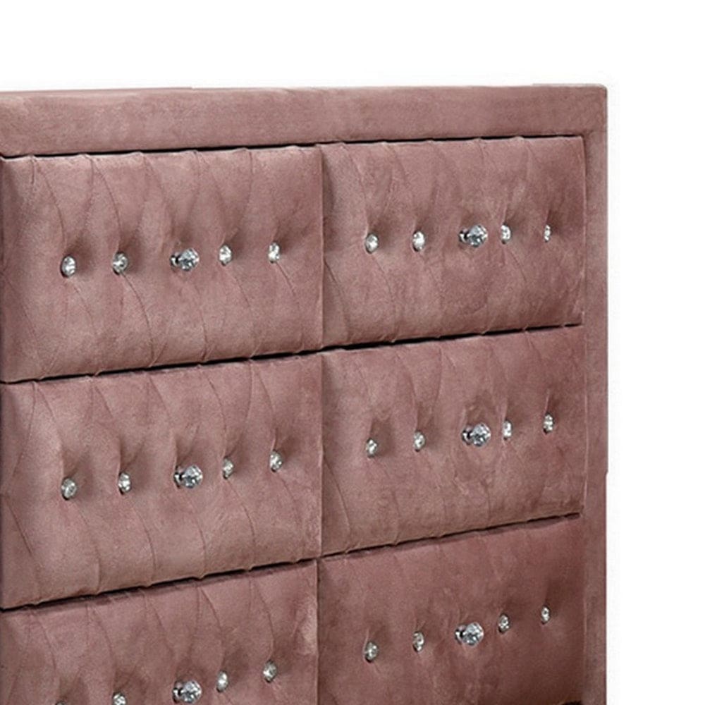 Rex 40 Inch Modern Upholstered Dresser 6 Drawers Crystal Handles Pink By Casagear Home BM279728