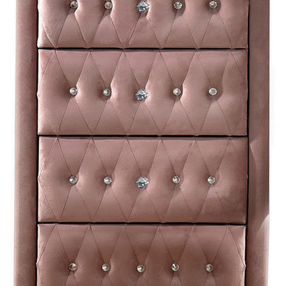 Rex 38 Inch Tall Upholstered Dresser Chest 4 Drawer Crystal Handles Pink By Casagear Home BM279729